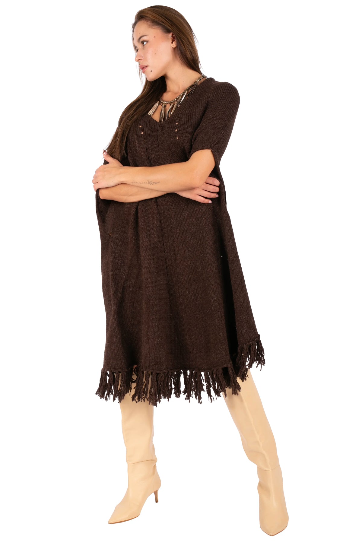V-Neck Fringe Knit Poncho Dress