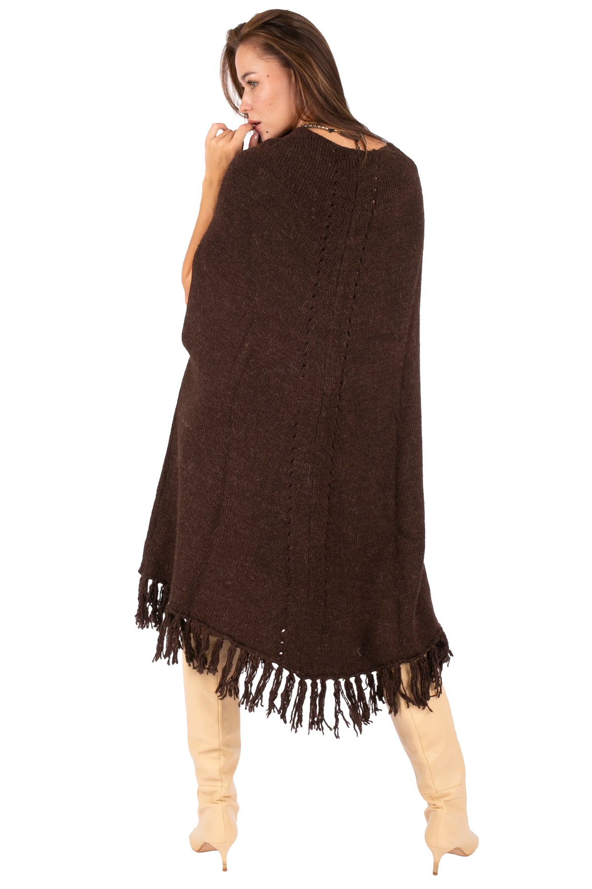 V-Neck Fringe Knit Poncho Dress