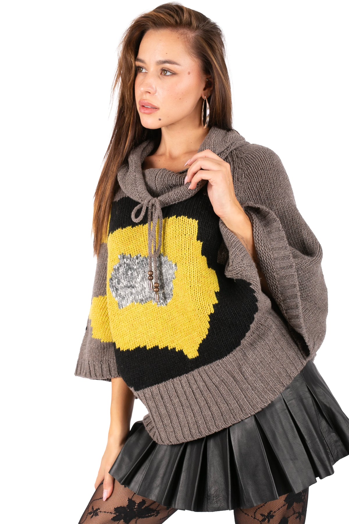 Graphic Knit Poncho Sweater