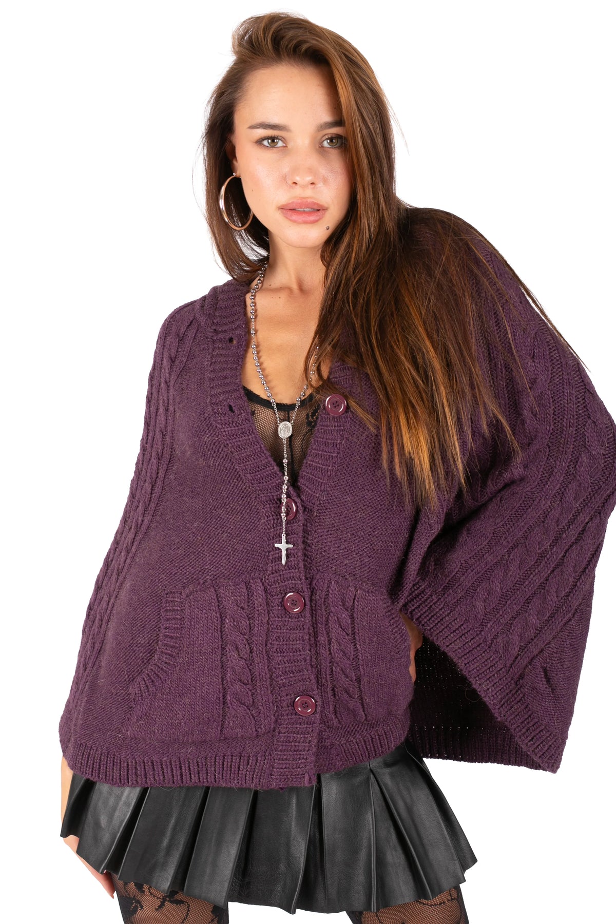 Eggplant button-front knit poncho withcable-knit detailing, a V-neckline, frontpatch pockets and ribbed trim – Y2KLA.