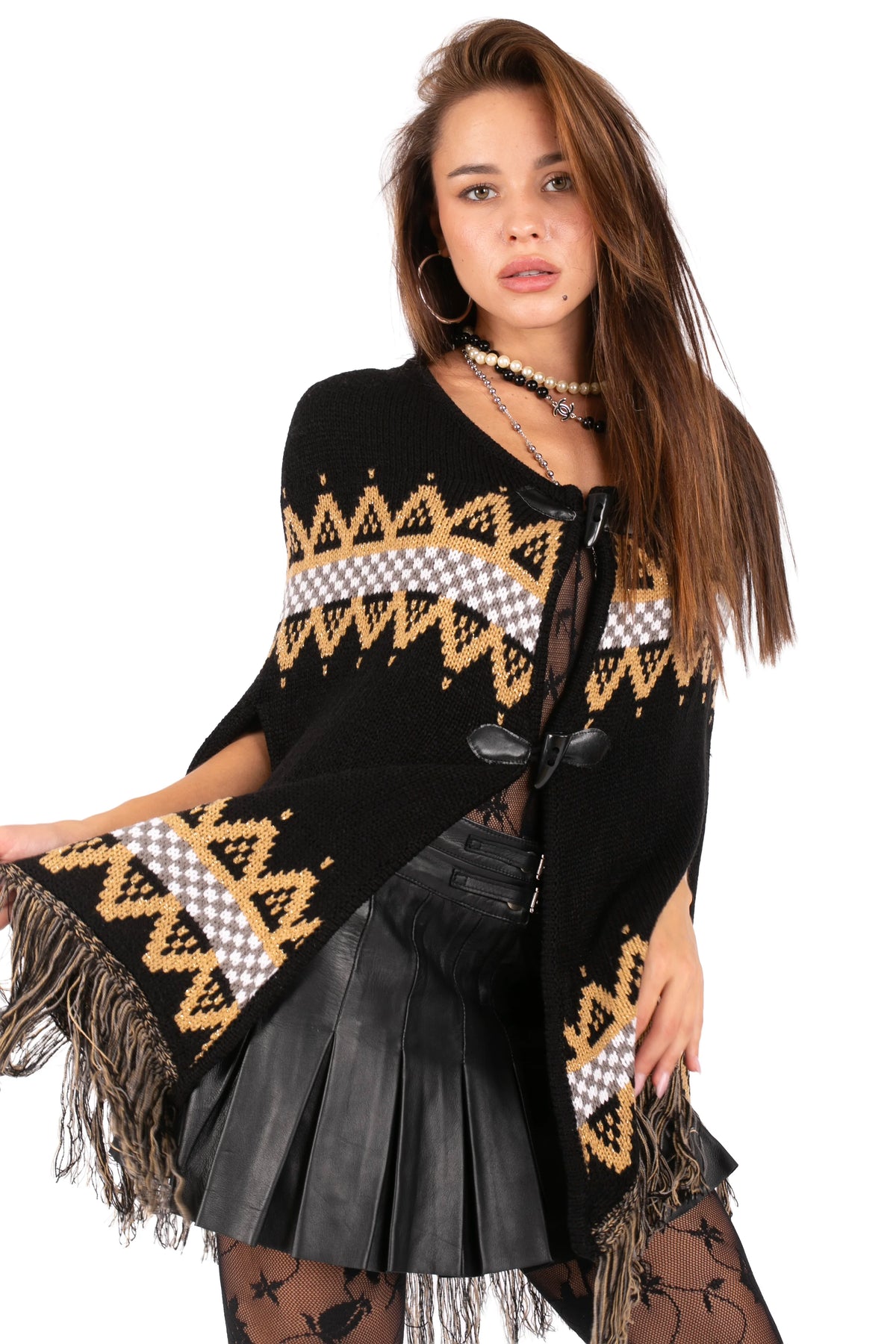 Fair Isle Fringe Knit Poncho