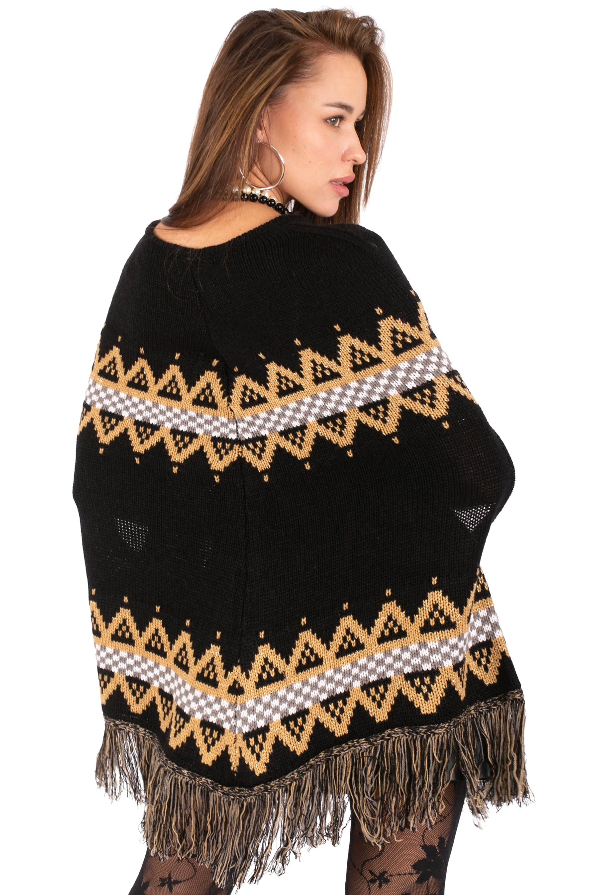 Fair Isle Fringe Knit Poncho