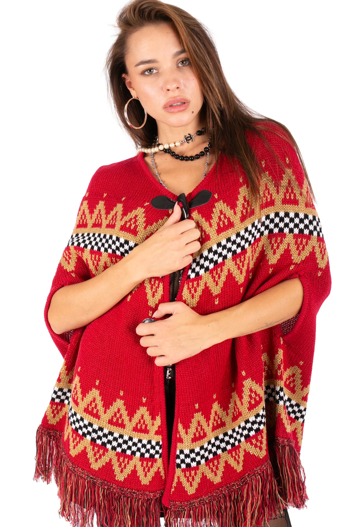 Fair Isle Fringe Knit Poncho