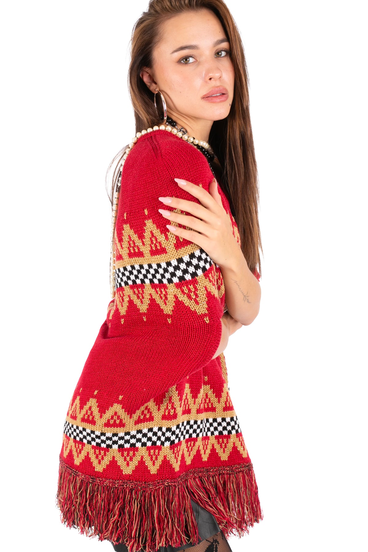 Fair Isle Fringe Knit Poncho