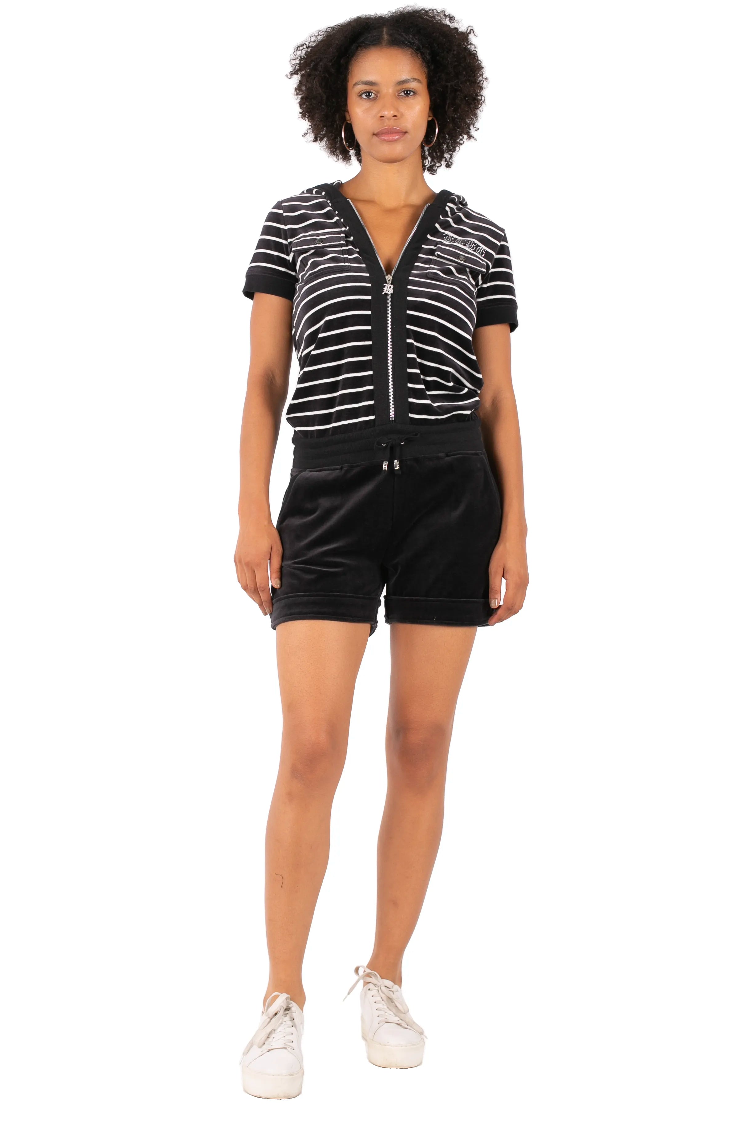BCBG Black & White Striped Velour Shorts Set Y2K | Short Sleeve Zip Hoodie + Black Shorts | Vintage 2000s