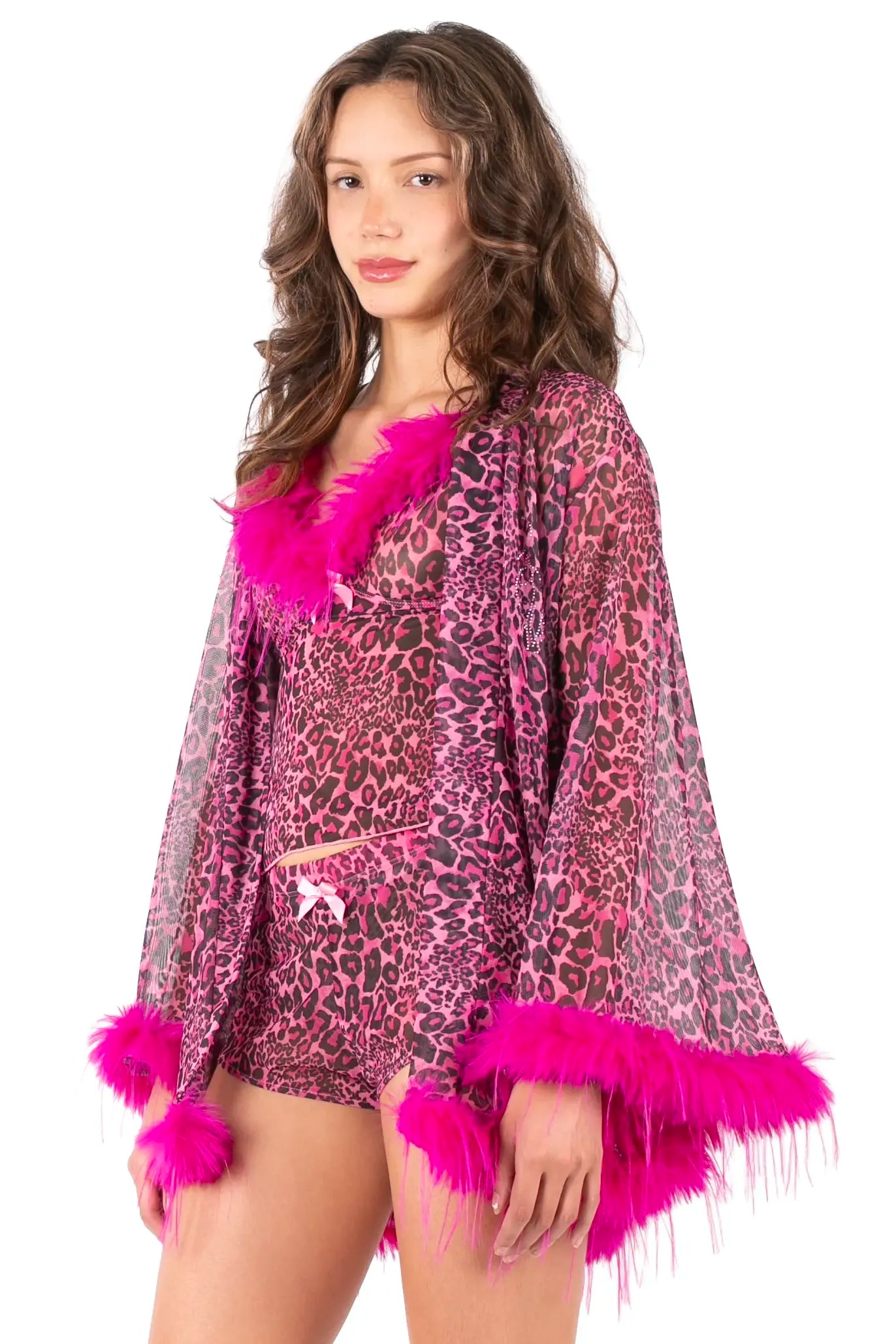 Baby Phat Leopard 3-Piece Feather Trim Lingerie Set – Crop Top + Shorts + Robe Y2K