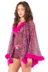 Baby Phat Leopard 3-Piece Feather Trim Lingerie Set – Crop Top + Shorts + Robe Y2K