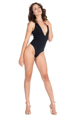 Y2K Glossy High-Cut Bodysuit - Deep V Neck Shiny One Piece