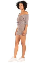 Hale Bob Light Blue Off-Shoulder Knit Mini Dress Y2K | 3/4 Sleeve Drawstring Waist Zip Pocket