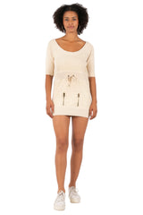 Hale Bob Light Blue Off-Shoulder Knit Mini Dress Y2K | 3/4 Sleeve Drawstring Waist Zip Pocket