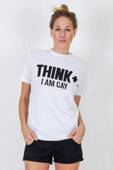 Think+ I Am Gay Slogan Graphic Tee - White Crewneck Statement T-Shirt