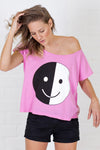 Monochrome Smiley Face Statement Graphic Top - Pink Off-The-Shoulder Tee