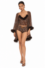 Baby Phat Leopard 3-Piece Feather Trim Lingerie Set – Crop Top + Shorts + Robe Y2K