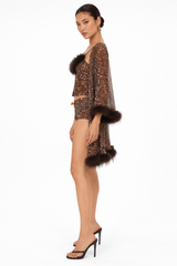 Baby Phat Leopard 3-Piece Feather Trim Lingerie Set – Crop Top + Shorts + Robe Y2K