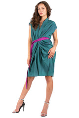 Y2K Herringbone Print Kimono Style Wrap Dress – Retro 2000s Belted Midi Dress