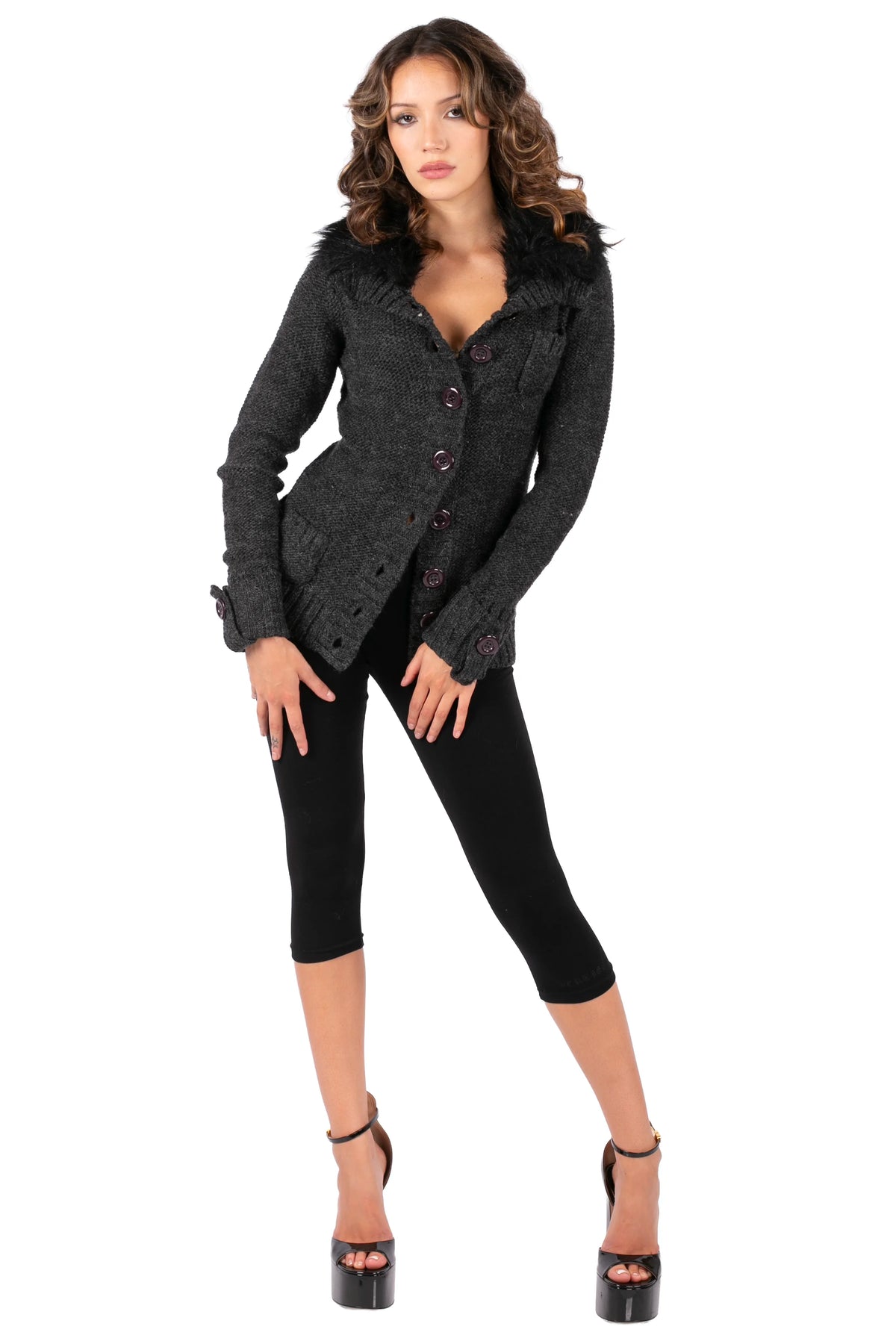 Faux Fur Collar Knit Cardigan