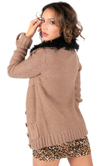 Faux Fur Collar Knit Cardigan