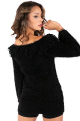 Fuzzy Off-Shoulder Loop Trim Sweater