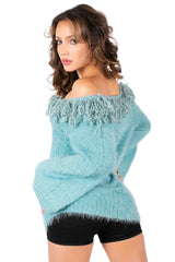Fuzzy Off-Shoulder Loop Trim Sweater