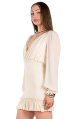 Sheer Poet-Sleeve Frilly Surplice Dress