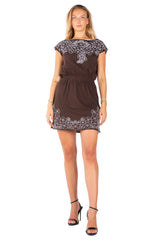 Contrast Floral Embroidered Mini Dress – Elastic Waist Boat Neck Tunic Dress