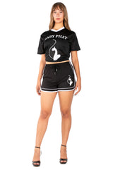 Baby Phat Strass Logo Dolphin Shorts - Black/White | Y2K Aesthetic Track Shorts