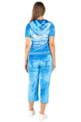 BCBG Women's French Blue Capri Jog Set | Tie-Dye Zip-Up Hoodie & Jogger Pants