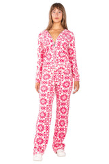BCBG Women's Damask Pattern Fleece Tracksuit Set - Velvet Zip-Up Hoodie & Wide Leg Pants Lounge Set