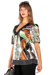 Printed Satin V-neck Blouse