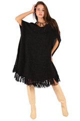 V-Neck Fringe Knit Poncho Dress