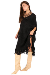 V-Neck Fringe Knit Poncho Dress