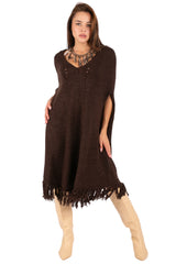 V-Neck Fringe Knit Poncho Dress