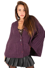Eggplant button-front knit poncho withcable-knit detailing, a V-neckline, frontpatch pockets and ribbed trim – Y2KLA.