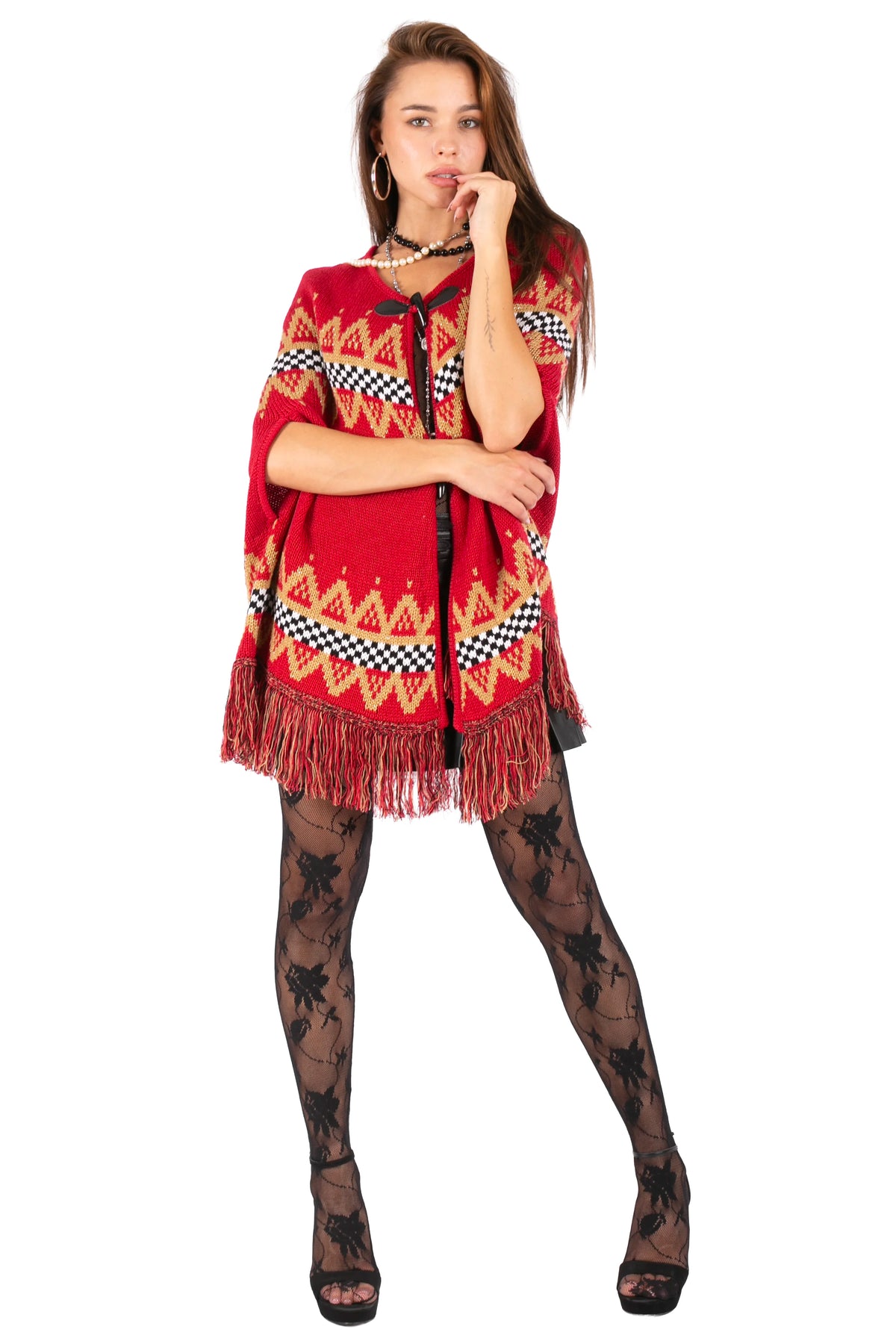 Fair Isle Fringe Knit Poncho